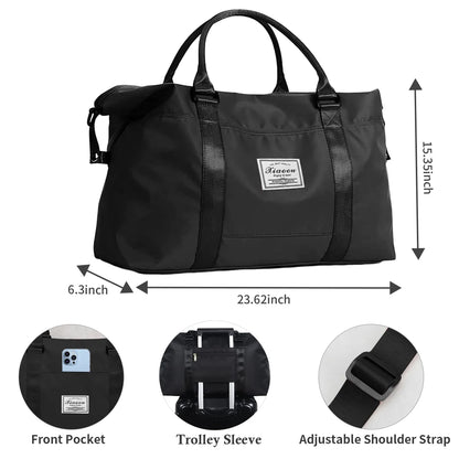 24&quot;Duffel Bag for Women, Weekender Overnight Bag, Large Travel Bag with Dry Wet Separated Tote Bag/Trolley Sleeve/Adjustable Strap, Carry on Gym Bag Waterproof &amp; Tear Resistant, Black