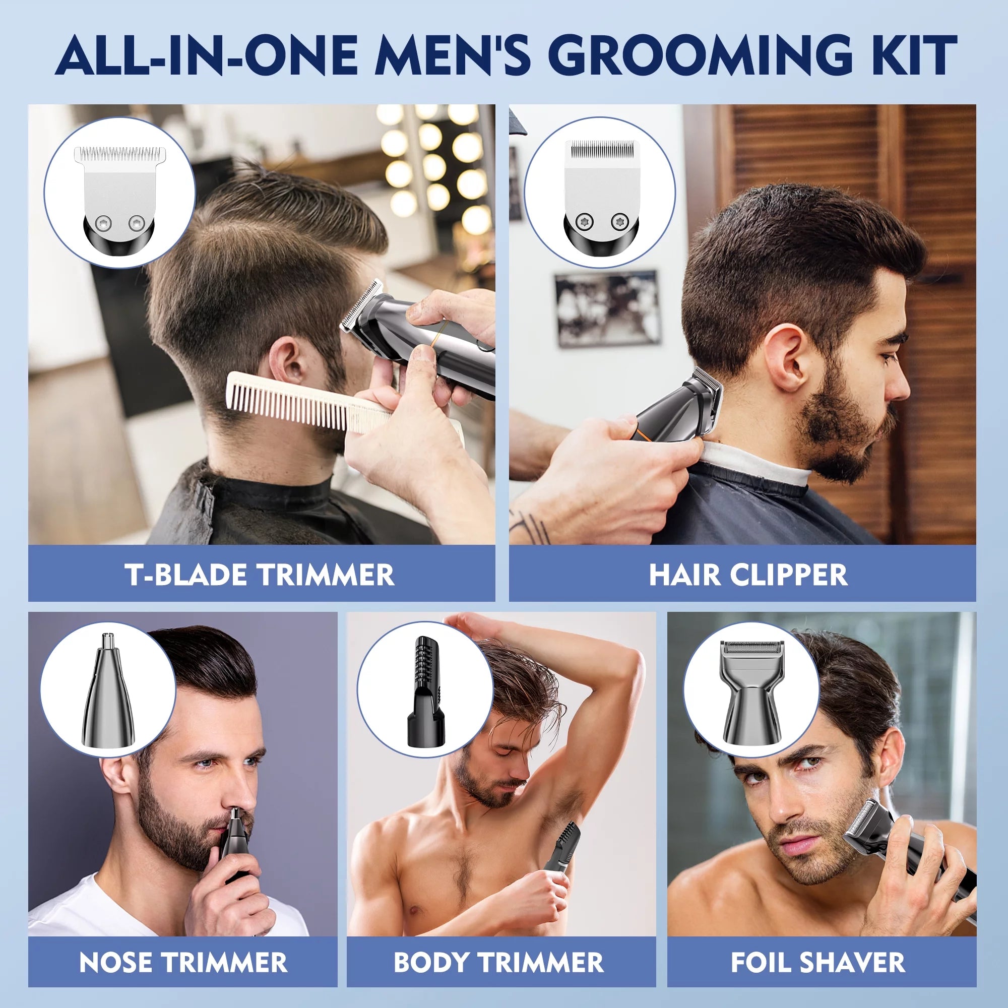 Hair Clippers, 5 in 1 Cordless Electric Nose Ear Beard Trimmer Face Body Shaver, Rechargeable Men&