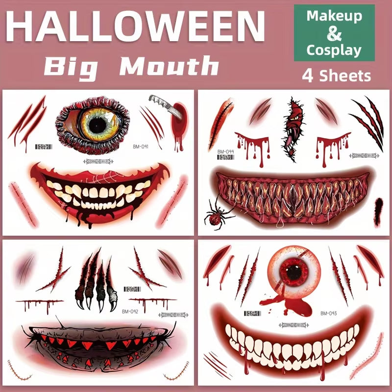 Halloween Makeup Prank Temporary Tattoo, 202 New Adults Clown Horror Scary Stitch Scar Fake Stickers-4 Sheets Scab Big Mouth K