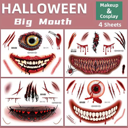 Halloween Makeup Prank Temporary Tattoo, 202 New Adults Clown Horror Scary Stitch Scar Fake Stickers-4 Sheets Scab Big Mouth K