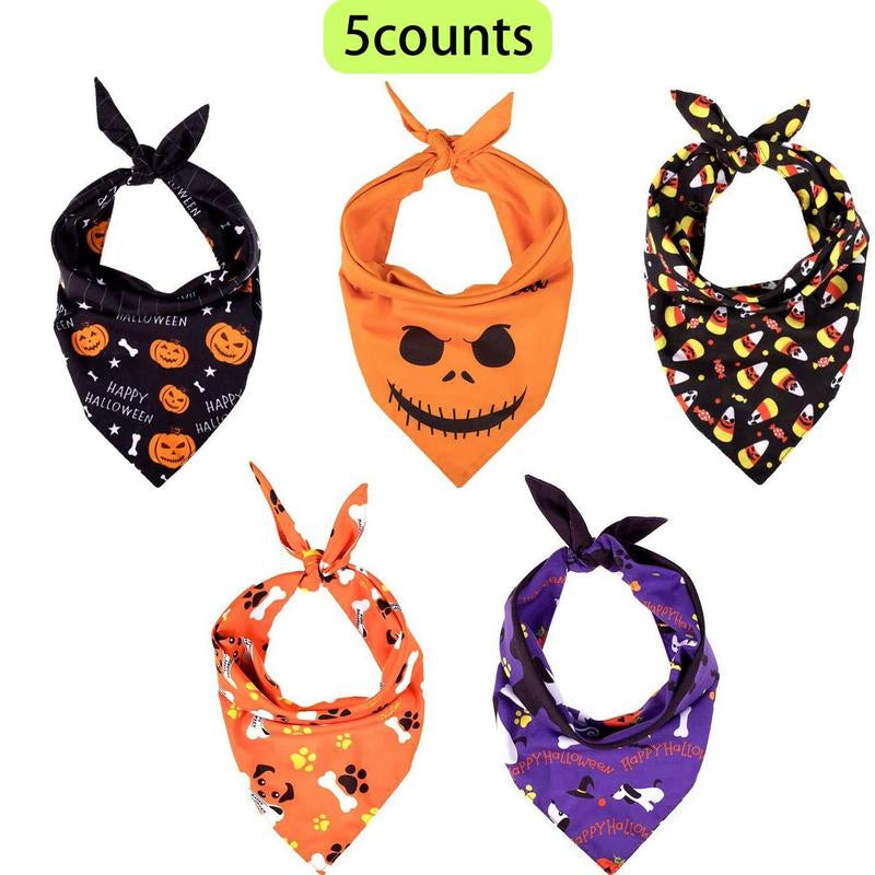 Cartoon Pattern Pet Bandanas, 5 Counts/Set Halloween Double Layer Fabric Pet Scarfs, Washable Pet Neckerchief, Dog Bibs, Pet Costumes, Dog Stuff