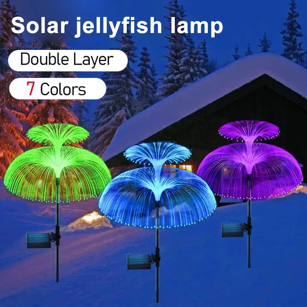 Double Jellyfish Solar Light 7 Gradient Colors Solar Garden Light LED Fiber Optic Lamp Outdoor Waterproof Decoration Ground Lamp