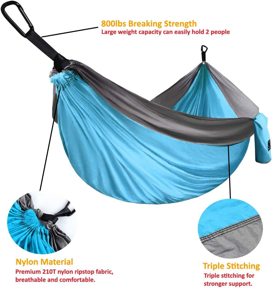 Camping Hammock - Portable Hammock Single Hammock Camping Accessories Gear for Outdoor Indoor Adult Kids, USA Based Brand (Light Blue &amp; Grey)