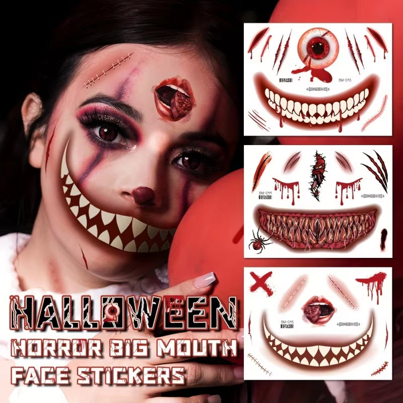 Halloween Makeup Prank Temporary Tattoo, 202 New Adults Clown Horror Scary Stitch Scar Fake Stickers-4 Sheets Scab Big Mouth K