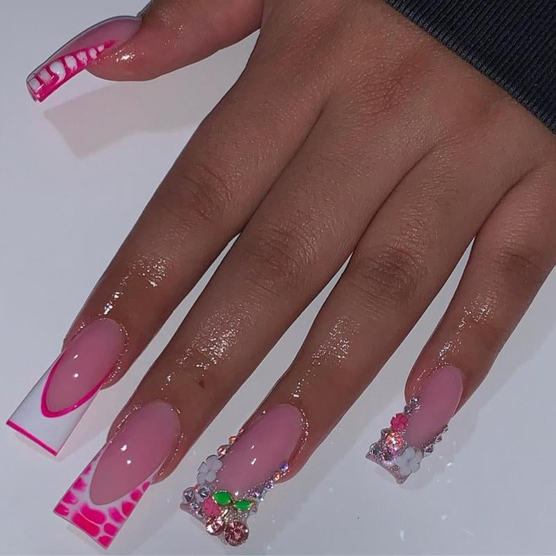 24Pcs/Set Reusablefalse Nails with Rhinestone &amp; Floral Decor for Women &amp; Girls DIY Nailsart, French Style Press on Nails, Stickon Nails Glue on Nails, Manicure Fullcover Sticker Nails Gift