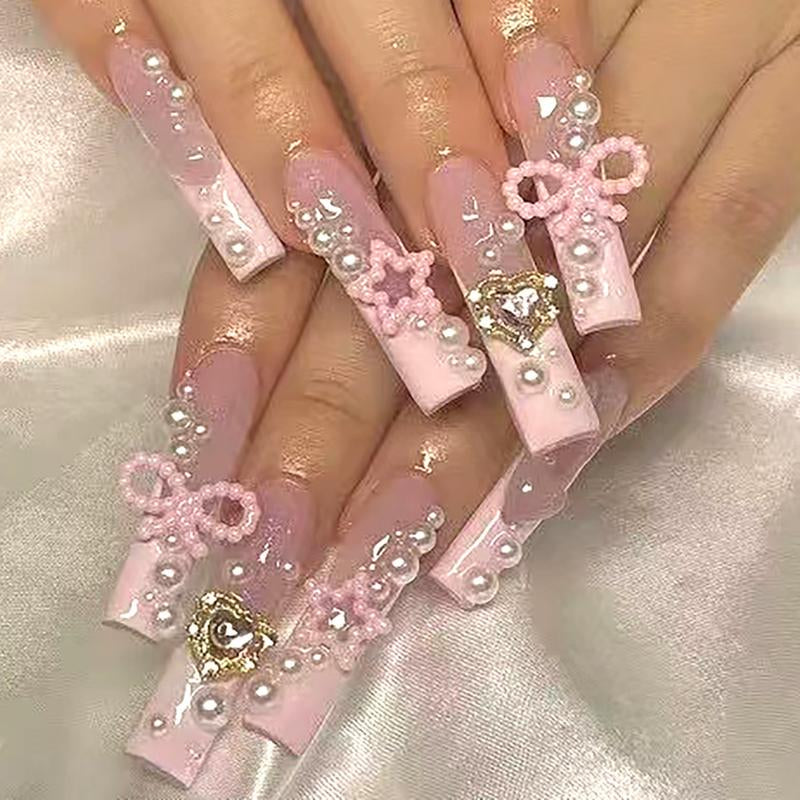 24Pcs/Set Reusablefalse Nails with Rhinestone &amp; Floral Decor for Women &amp; Girls DIY Nailsart, French Style Press on Nails, Stickon Nails Glue on Nails, Manicure Fullcover Sticker Nails Gift