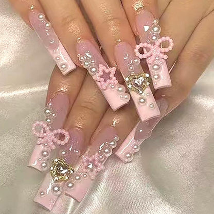 24Pcs/Set Reusablefalse Nails with Rhinestone &amp; Floral Decor for Women &amp; Girls DIY Nailsart, French Style Press on Nails, Stickon Nails Glue on Nails, Manicure Fullcover Sticker Nails Gift