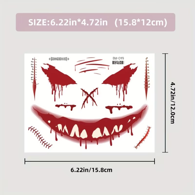 Halloween Makeup Prank Temporary Tattoo, 202 New Adults Clown Horror Scary Stitch Scar Fake Stickers-4 Sheets Scab Big Mouth K