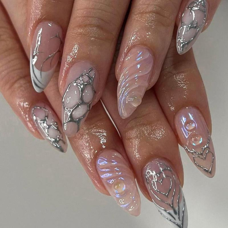 24Pcs/Set Reusablefalse Nails with Rhinestone &amp; Floral Decor for Women &amp; Girls DIY Nailsart, French Style Press on Nails, Stickon Nails Glue on Nails, Manicure Fullcover Sticker Nails Gift