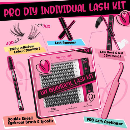 DIY Lash Clusters Extension Kit PRO LASHBEAUTY 280 Pcs Lash Clusters Waterproof Lash Bond and Seal Eyelash Applictor for Beginners at Home