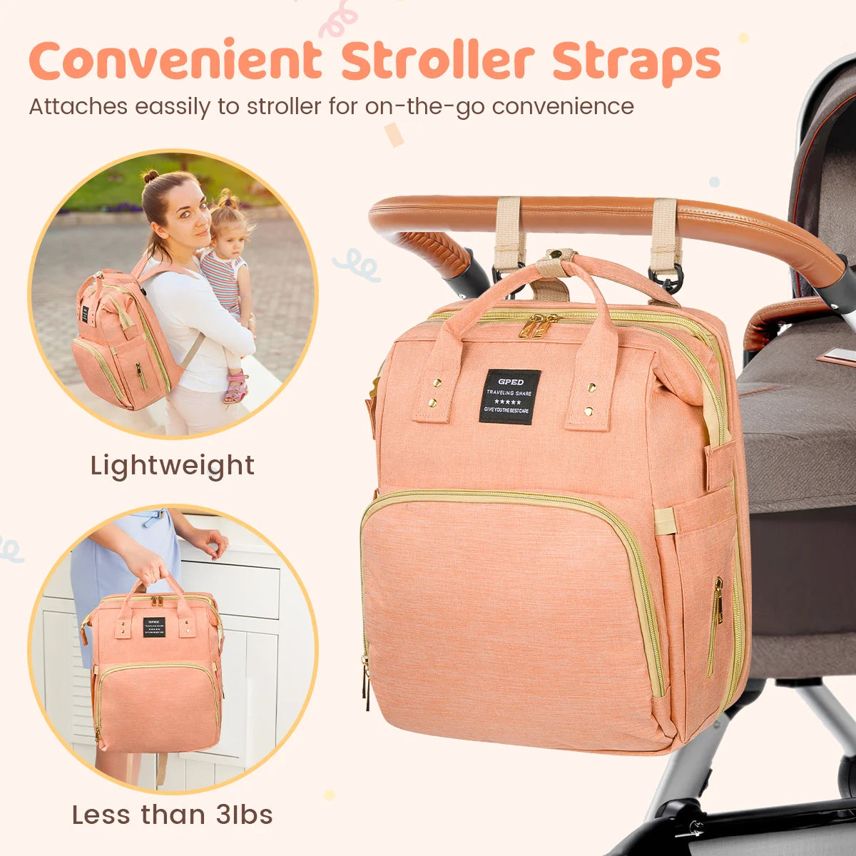 Diaper Bag Backpack, Multifunctional Baby Diaper Bags with Changing Station &amp;Foldable Crib, Large Baby Bag for 0-6 Mouth Boys Girls W/ USB Charging Port&amp;Stroller Strap, Mom Gifts Baby Essentials(Pink)