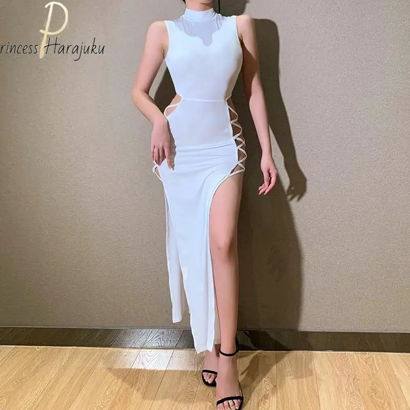 Y2k Evening Dress Halter Vest New Summer  Dress Elegant Sexy Simple Black Sleeveless Bandage Sexy High Slit Bandage Maxi Dress