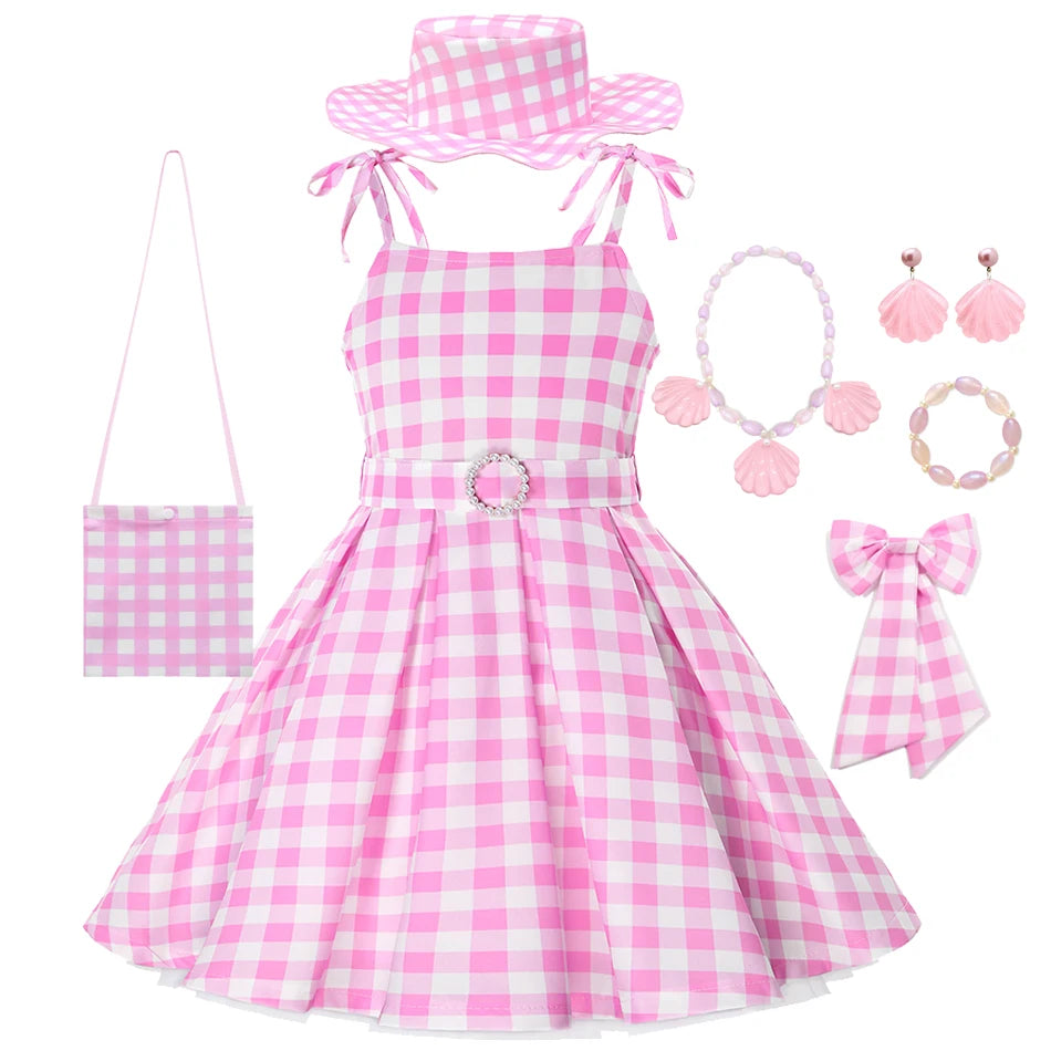 Girls Movie Princess Dress Cosplay Costume Pink Plaid Beach Barbi Outfit Birthday Halloween Party Kids Dress