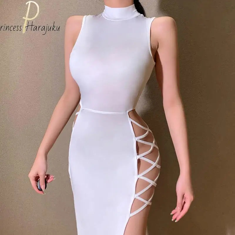 Y2k Evening Dress Halter Vest New Summer  Dress Elegant Sexy Simple Black Sleeveless Bandage Sexy High Slit Bandage Maxi Dress