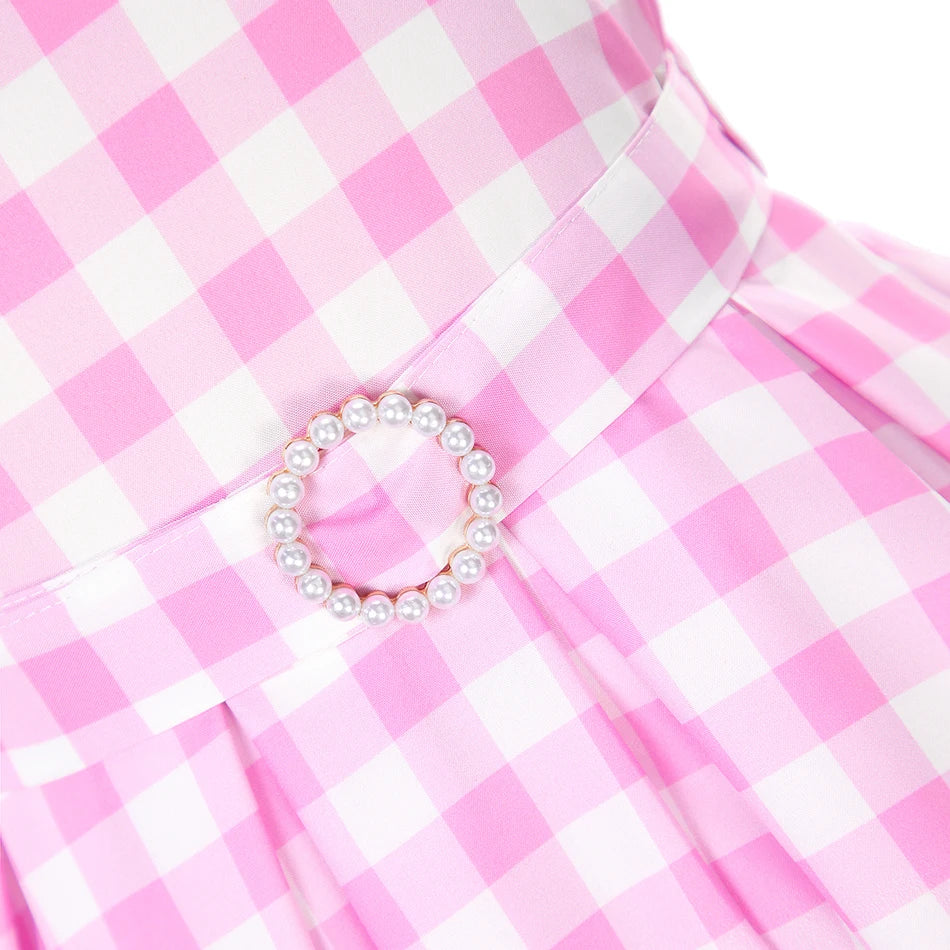 Girls Movie Princess Dress Cosplay Costume Pink Plaid Beach Barbi Outfit Birthday Halloween Party Kids Dress