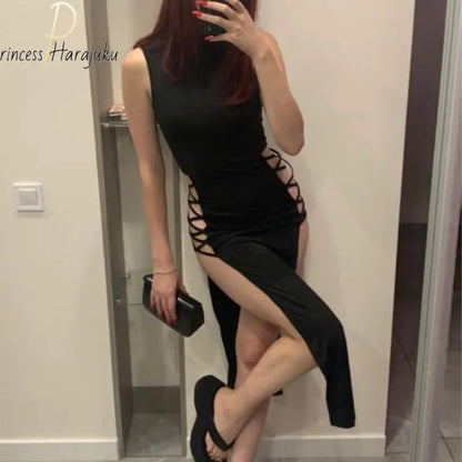 Y2k Evening Dress Halter Vest New Summer  Dress Elegant Sexy Simple Black Sleeveless Bandage Sexy High Slit Bandage Maxi Dress