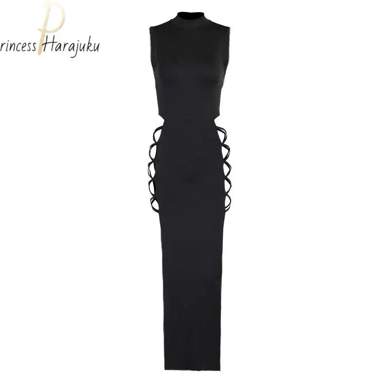 Y2k Evening Dress Halter Vest New Summer  Dress Elegant Sexy Simple Black Sleeveless Bandage Sexy High Slit Bandage Maxi Dress