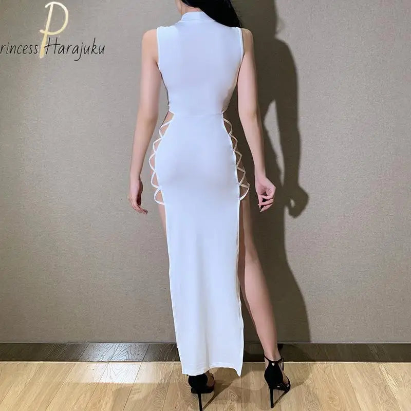 Y2k Evening Dress Halter Vest New Summer  Dress Elegant Sexy Simple Black Sleeveless Bandage Sexy High Slit Bandage Maxi Dress