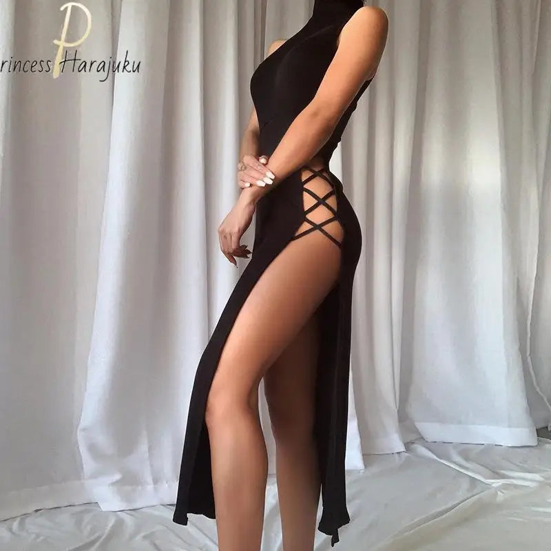 Y2k Evening Dress Halter Vest New Summer  Dress Elegant Sexy Simple Black Sleeveless Bandage Sexy High Slit Bandage Maxi Dress