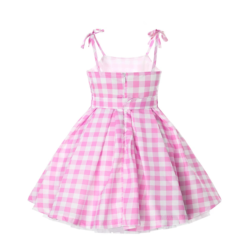 Girls Movie Princess Dress Cosplay Costume Pink Plaid Beach Barbi Outfit Birthday Halloween Party Kids Dress