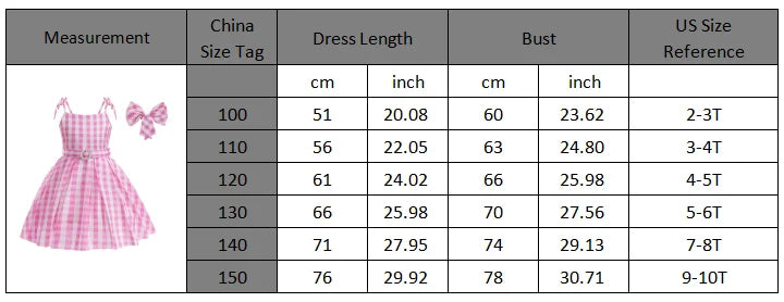 Girls Movie Princess Dress Cosplay Costume Pink Plaid Beach Barbi Outfit Birthday Halloween Party Kids Dress