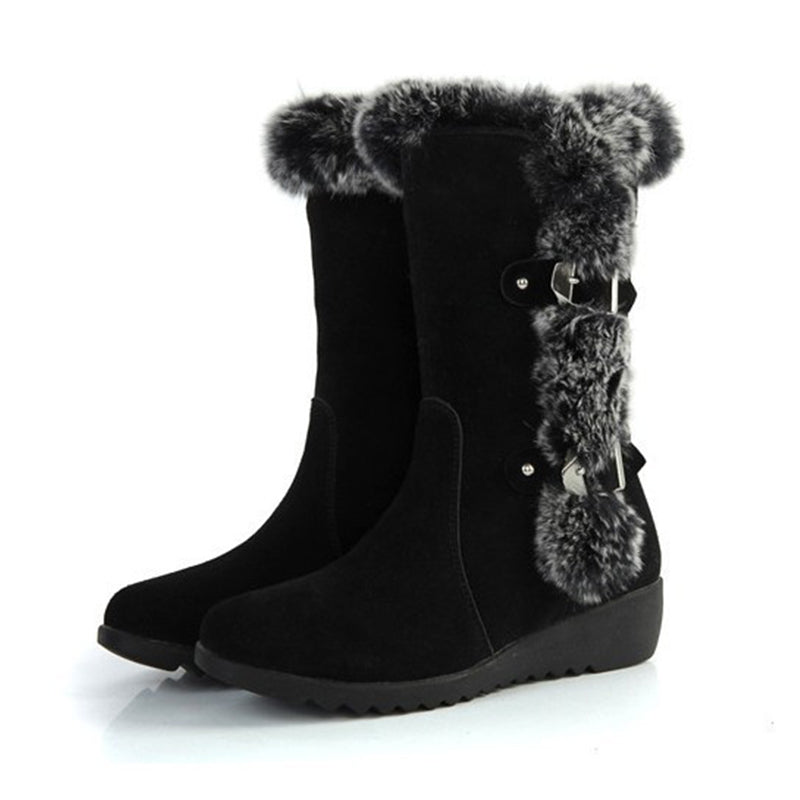 Brown New Winter Women Casual Warm Fur Mid-Calf Boots Shoes Women Slip-On round Toe Flats Snow Boots Shoes