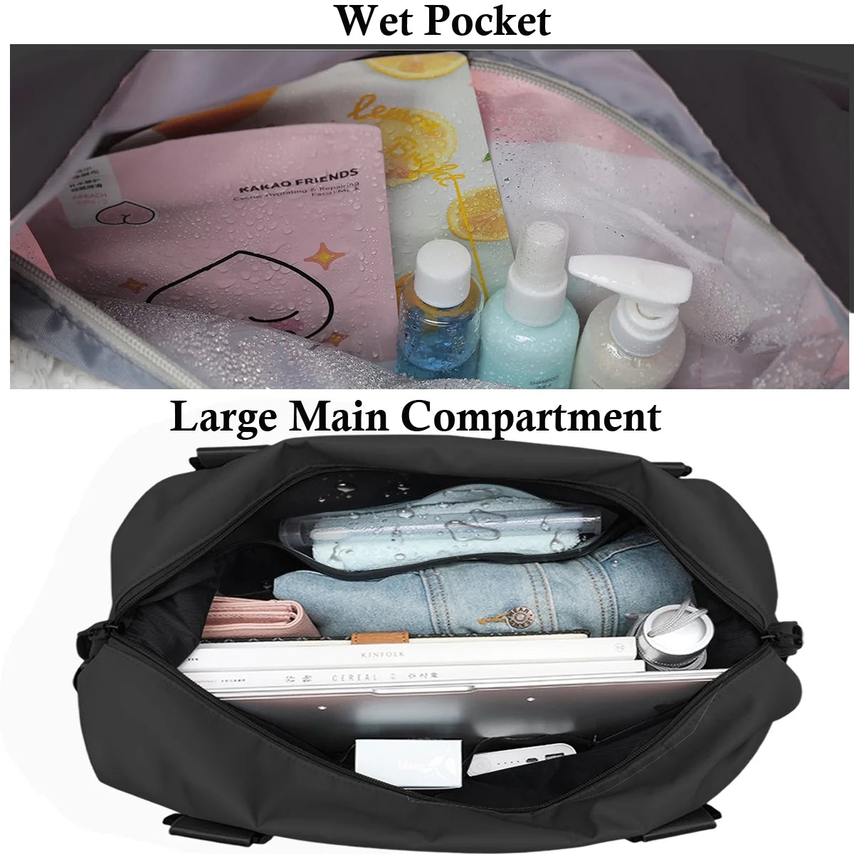 24&quot;Duffel Bag for Women, Weekender Overnight Bag, Large Travel Bag with Dry Wet Separated Tote Bag/Trolley Sleeve/Adjustable Strap, Carry on Gym Bag Waterproof &amp; Tear Resistant, Black