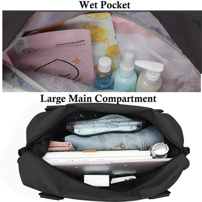 24&quot;Duffel Bag for Women, Weekender Overnight Bag, Large Travel Bag with Dry Wet Separated Tote Bag/Trolley Sleeve/Adjustable Strap, Carry on Gym Bag Waterproof &amp; Tear Resistant, Black