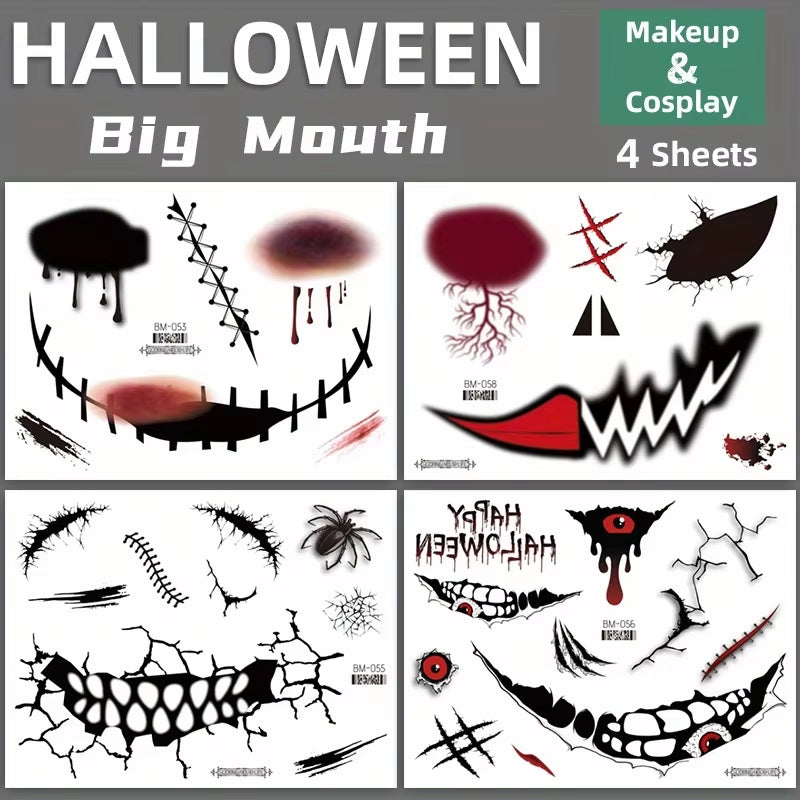 Halloween Makeup Prank Temporary Tattoo, 202 New Adults Clown Horror Scary Stitch Scar Fake Stickers-4 Sheets Scab Big Mouth K