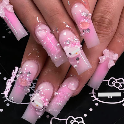 24Pcs/Set Reusablefalse Nails with Rhinestone &amp; Floral Decor for Women &amp; Girls DIY Nailsart, French Style Press on Nails, Stickon Nails Glue on Nails, Manicure Fullcover Sticker Nails Gift