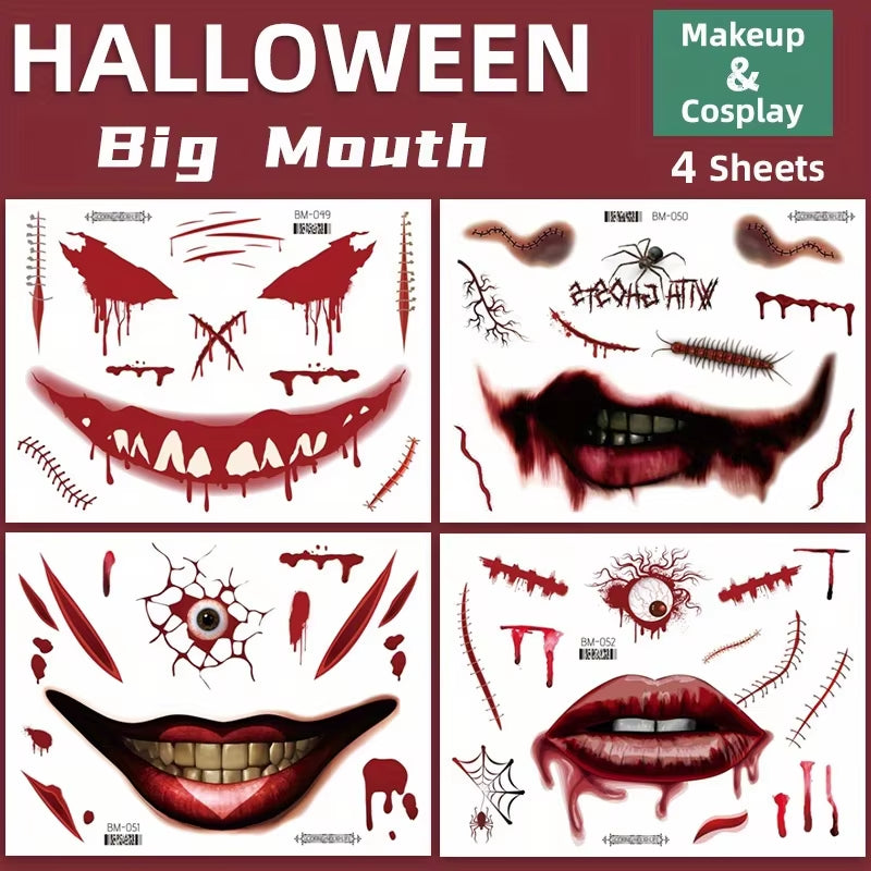 Halloween Makeup Prank Temporary Tattoo, 202 New Adults Clown Horror Scary Stitch Scar Fake Stickers-4 Sheets Scab Big Mouth K