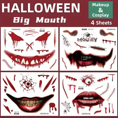 Halloween Makeup Prank Temporary Tattoo, 202 New Adults Clown Horror Scary Stitch Scar Fake Stickers-4 Sheets Scab Big Mouth K