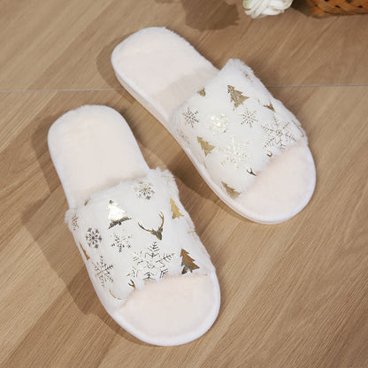 Christmas Plush Slippers Fashion Open-toed Home Slipper Indoor Warm Non-slip Floor Bedroom House Shoes For Couples Women Men