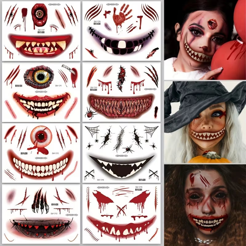 Halloween Makeup Prank Temporary Tattoo, 202 New Adults Clown Horror Scary Stitch Scar Fake Stickers-4 Sheets Scab Big Mouth K