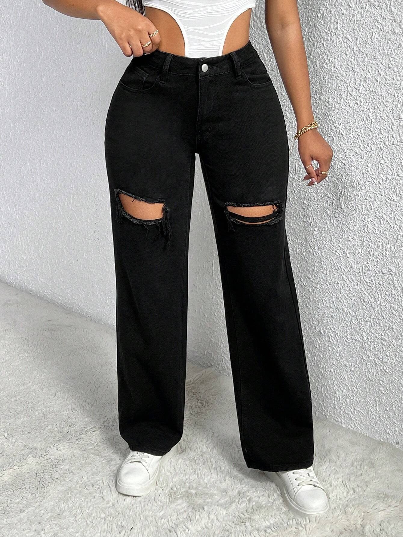 SHEIN SXY Single Button Cut Out Ripped Frayed Wide Leg Jeans