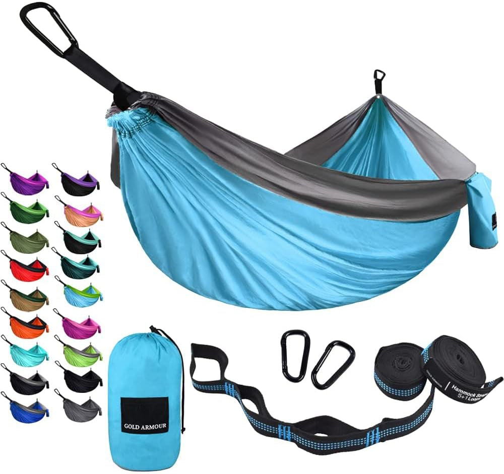 Camping Hammock - Portable Hammock Single Hammock Camping Accessories Gear for Outdoor Indoor Adult Kids, USA Based Brand (Light Blue &amp; Grey)