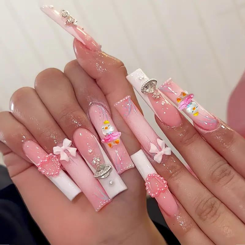 24Pcs/Set Reusablefalse Nails with Rhinestone &amp; Floral Decor for Women &amp; Girls DIY Nailsart, French Style Press on Nails, Stickon Nails Glue on Nails, Manicure Fullcover Sticker Nails Gift