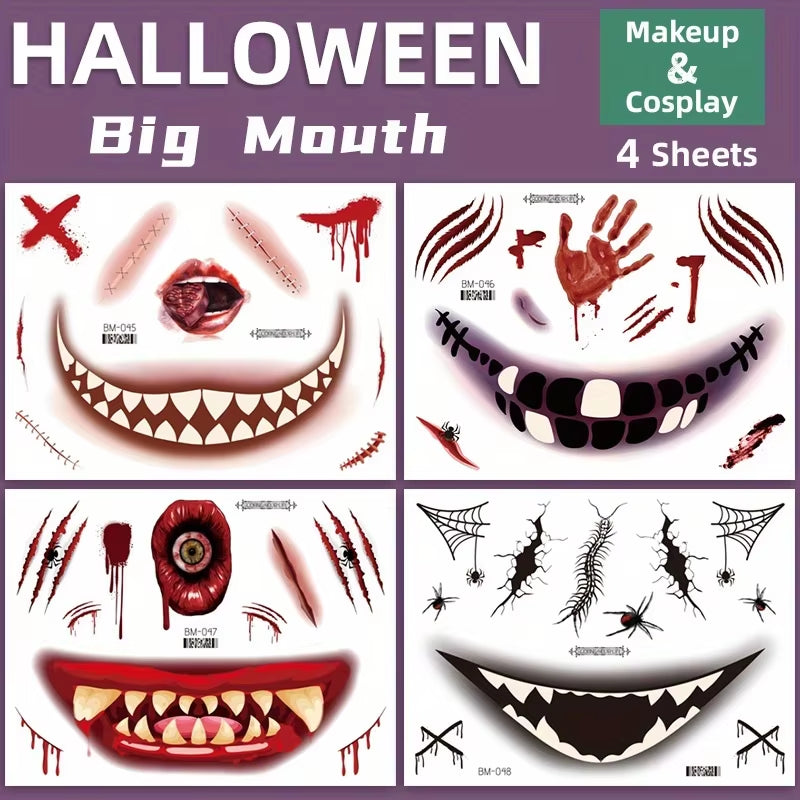 Halloween Makeup Prank Temporary Tattoo, 202 New Adults Clown Horror Scary Stitch Scar Fake Stickers-4 Sheets Scab Big Mouth K