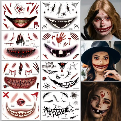 Halloween Makeup Prank Temporary Tattoo, 202 New Adults Clown Horror Scary Stitch Scar Fake Stickers-4 Sheets Scab Big Mouth K