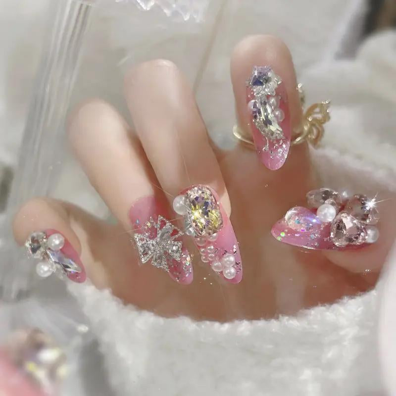 24Pcs/Set Reusablefalse Nails with Rhinestone &amp; Floral Decor for Women &amp; Girls DIY Nailsart, French Style Press on Nails, Stickon Nails Glue on Nails, Manicure Fullcover Sticker Nails Gift